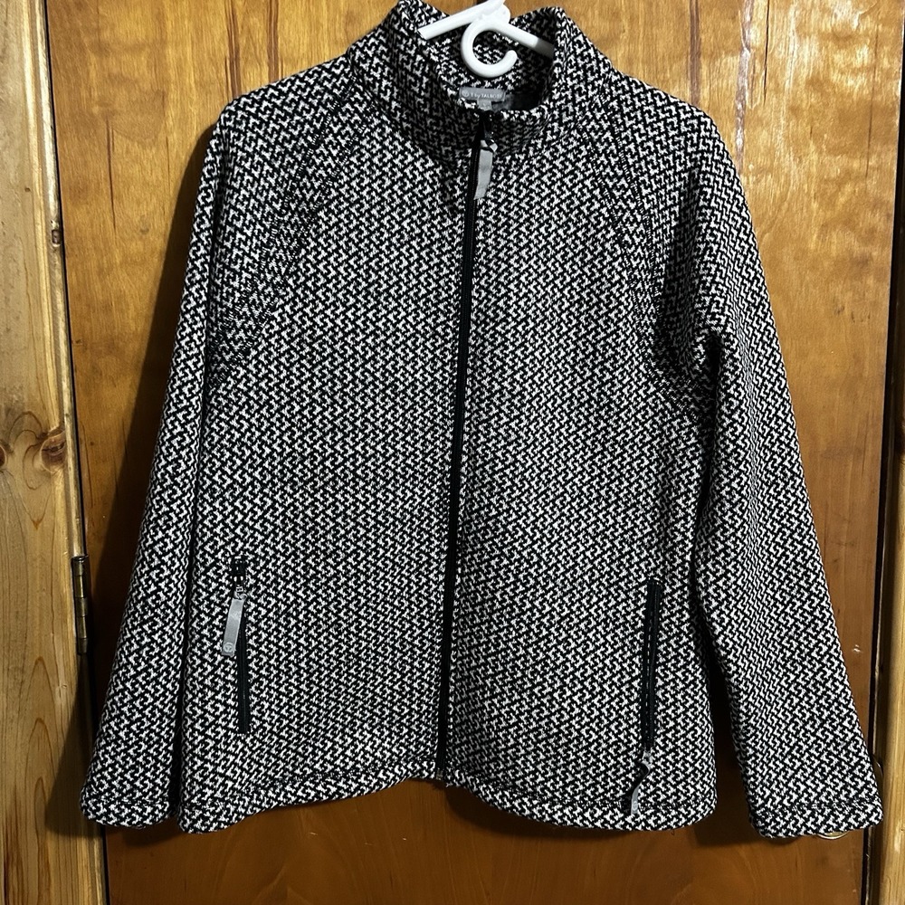 T by Talbots Women's Black White Houndstooth Zip Front Fleece Jacket Size Large